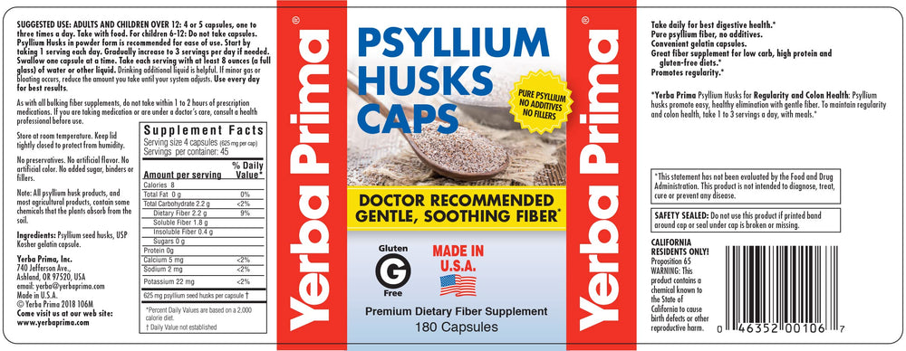 Yerba Prima Psyllium Husks Caps Dietary Fiber, 625 mg, 180 Count