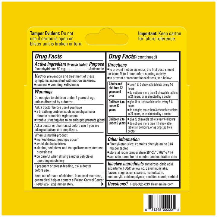 Dramamine Motion Sickness Relief Chewable Tablets, Orange, 50 mg, 8 Count