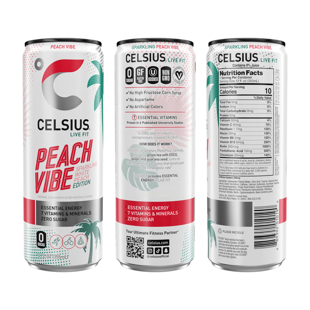 CELSIUS Sparkling Energy Drink, Peach Vibe, 12 fl oz, Pack of 12
