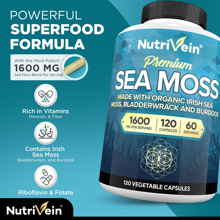 Nutrivein Organic Irish Sea Moss Capsules, 1600 mg, 120 Count