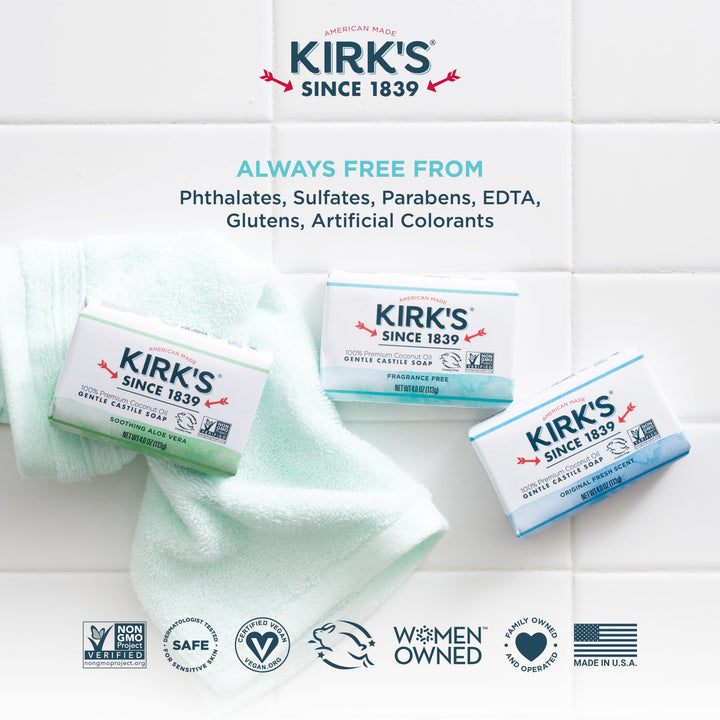 Kirk's Castile Bar Soap, Unscented, 4 oz, 4 Count