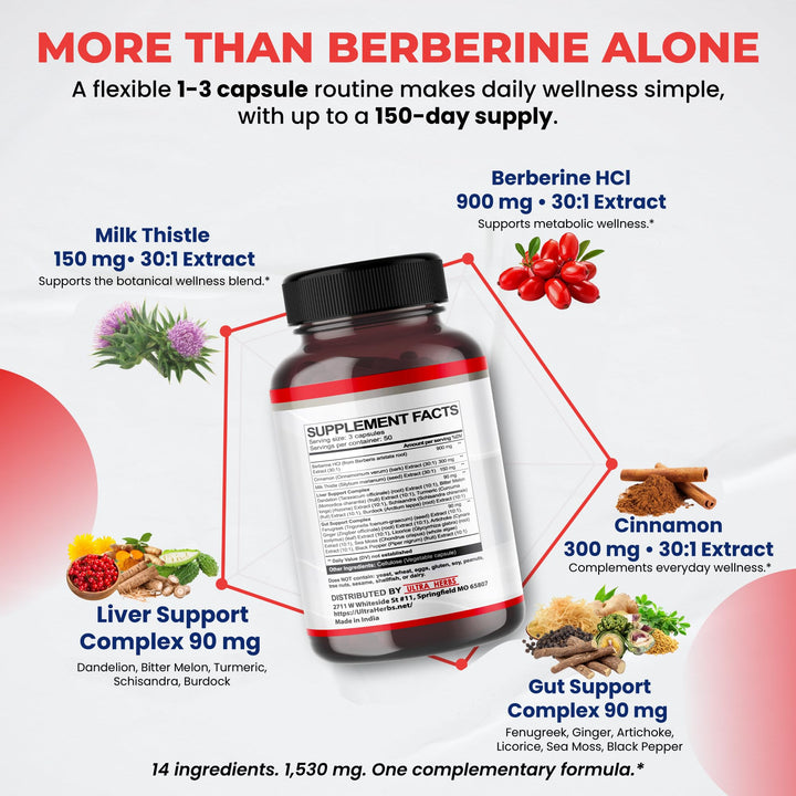 ULTRA HERBS Premium Berberine 12,200 mg with Cinnamon and Milk Thistle, 150 Count