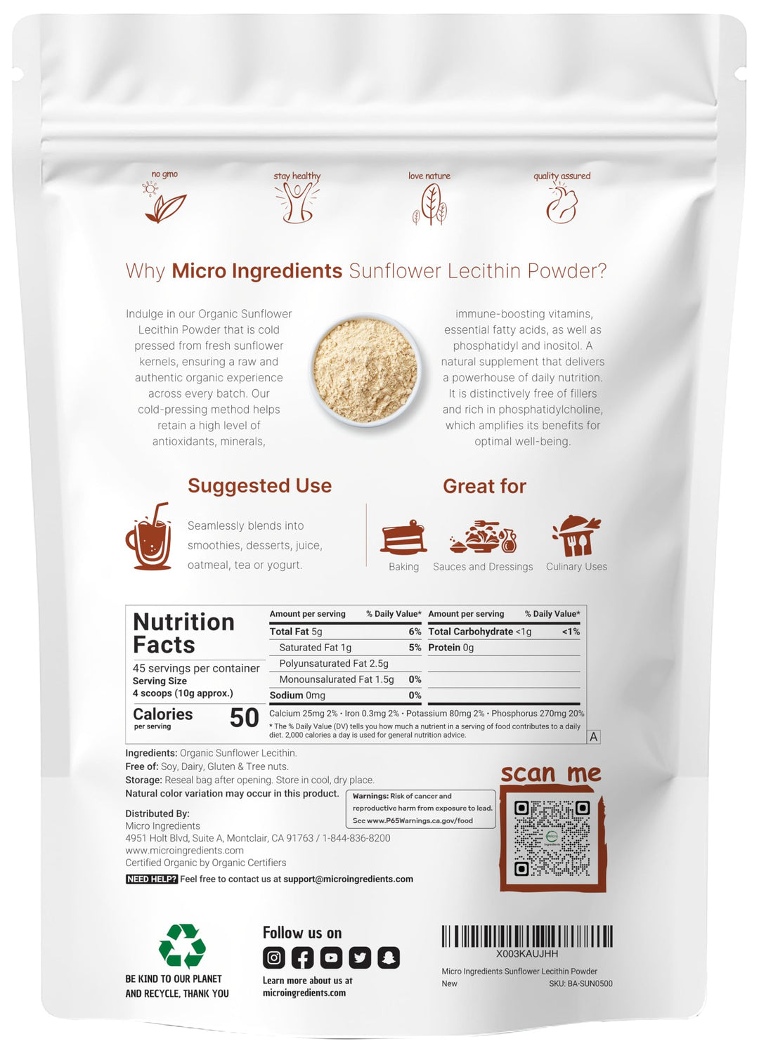 Micro Ingredients Organic Sunflower Lecithin Powder, 1 lb