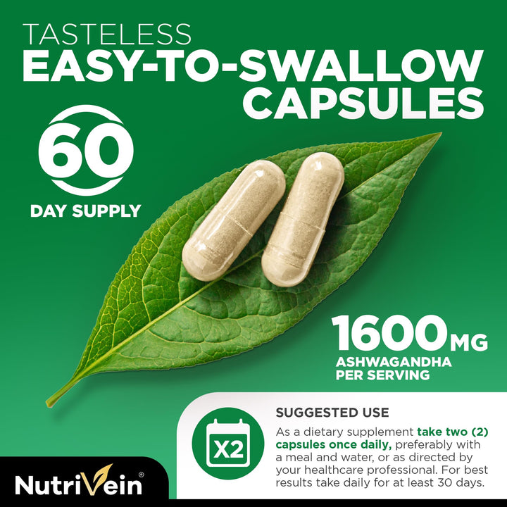 Nutrivein Organic Ashwagandha Capsules, 1200 mg, 120 Count