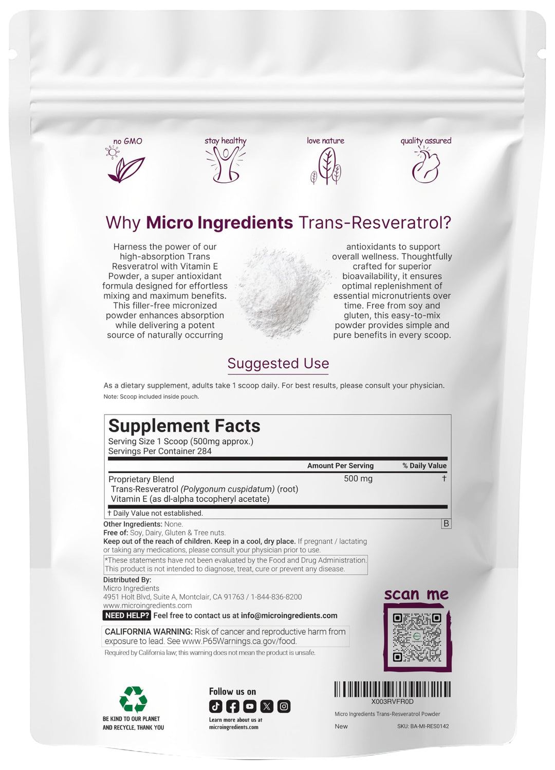 Micro Ingredients Trans-Resveratrol Powder, with Vitamin E, 5 oz