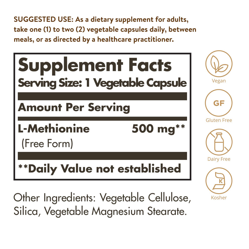 Solgar L-Methionine, 500 mg, 90 Count