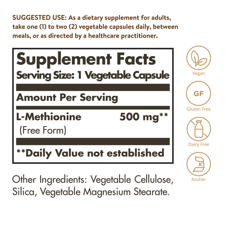 Solgar L-Methionine, 500 mg, 90 Count