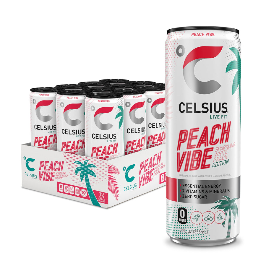 CELSIUS Sparkling Energy Drink, Peach Vibe, 12 fl oz, Pack of 12