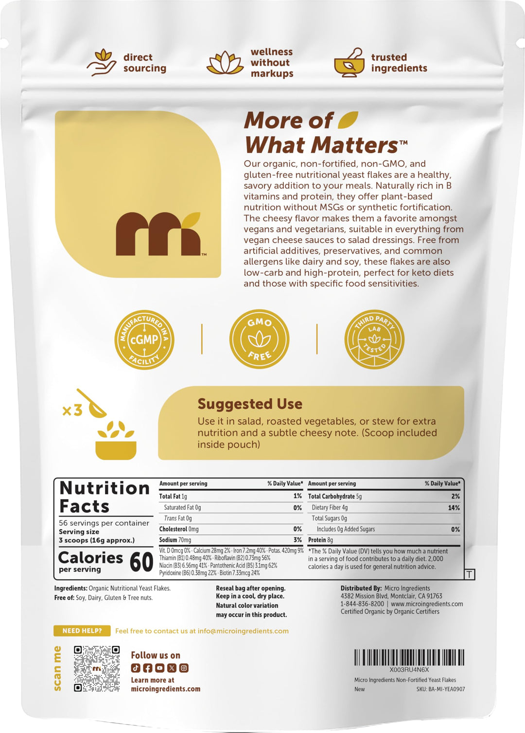 Micro Ingredients Nutritional Yeast Flakes, Organic, 2 lb