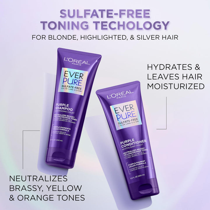 L'OREAL PARIS EverPure Brass Toning Purple Shampoo And Conditioner, 6.8 fl oz, Pack of 2