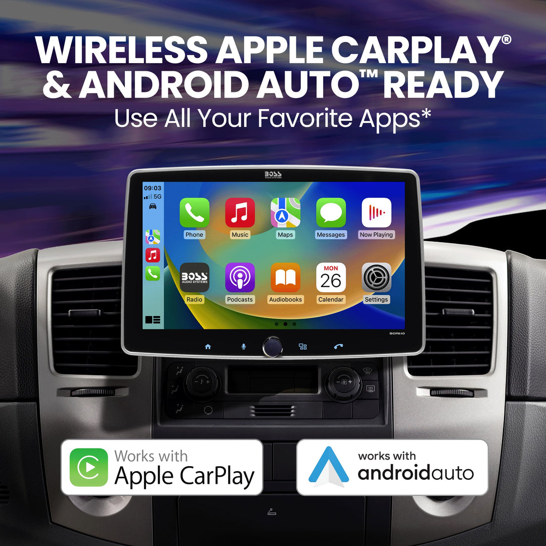 BOSS Audio Systems BCPA10 Single Din Chassis with Detachable 10.1 Inch Capacitive Touchscreen, Apple CarPlay, Android Auto, Bluetooth, No DVD, RGB Illumination, High Resolution FLAC Audio