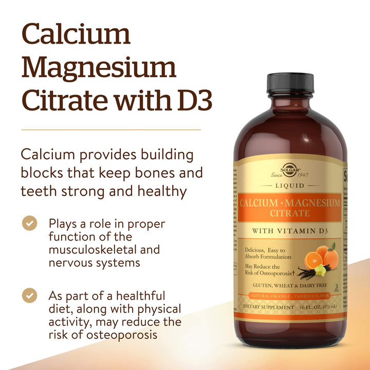 Solgar Liquid Calcium Magnesium Citrate with Vitamin D3, Natural Orange-Vanilla, 16 oz