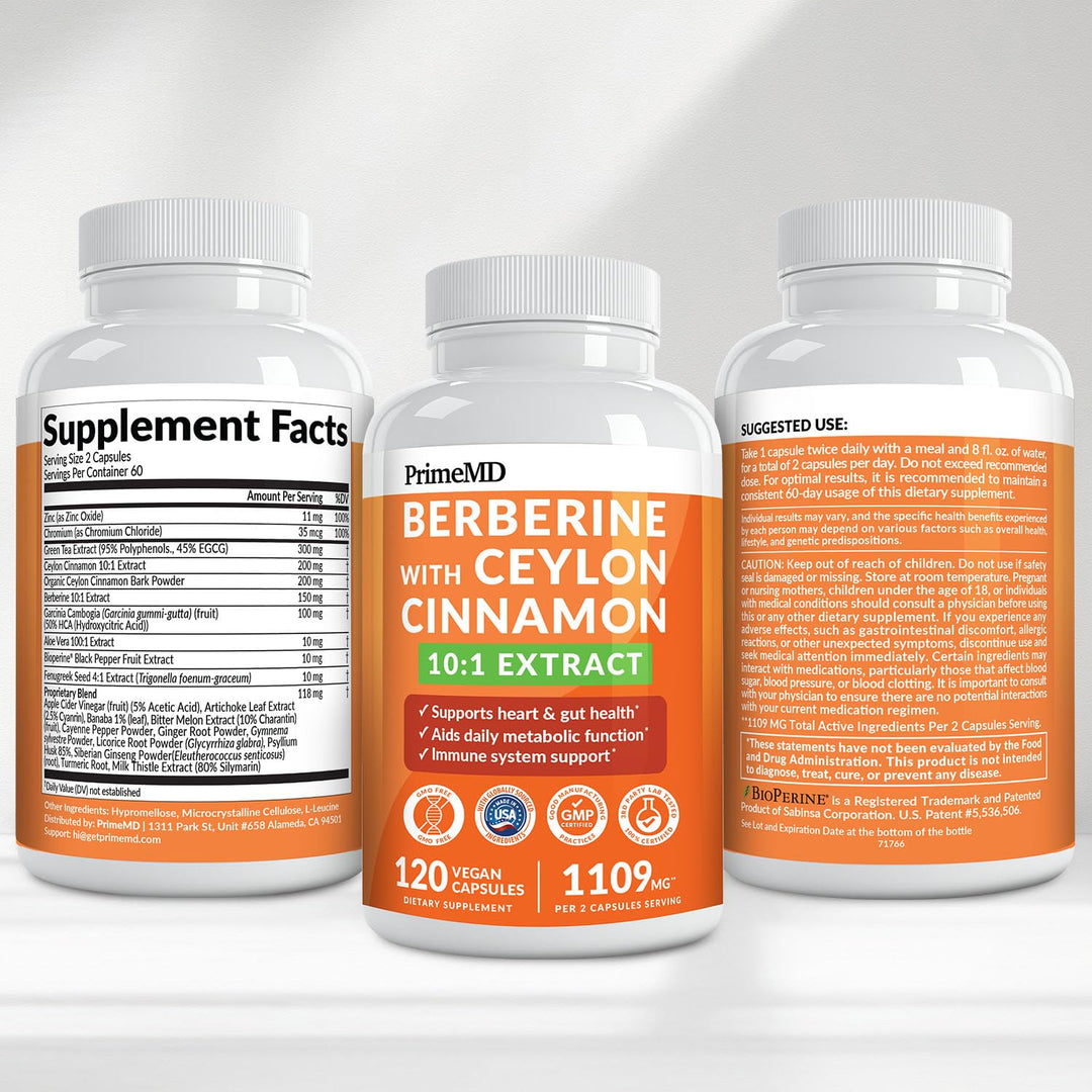 PrimeMD Berberine Supplement With Ceylon Cinnamon, 1500 mg, 120 Count