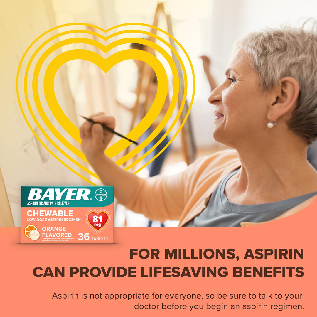 Bayer Aspirin Low Dose 81 mg Chewable Tablets, Orange Flavored, 216 Count, Pack of 6