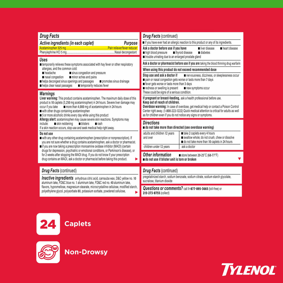 Tylenol Sinus Plus Headache Daytime Caplets, 325 mg, 24 Count