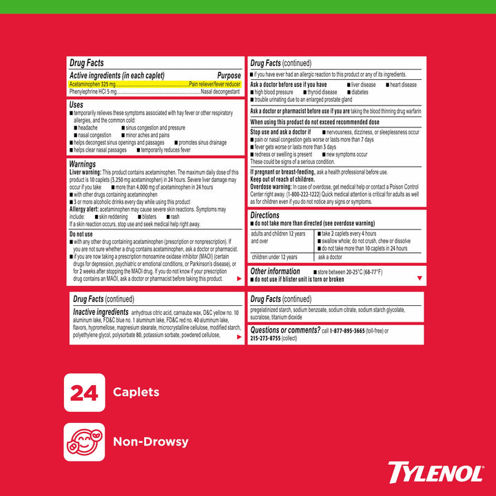Tylenol Sinus Plus Headache Daytime Caplets, 325 mg, 24 Count