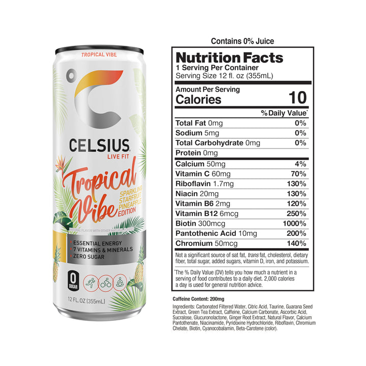 CELSIUS Sparkling Tropical Vibe Energy Drink, 12 fl oz, Pack of 12