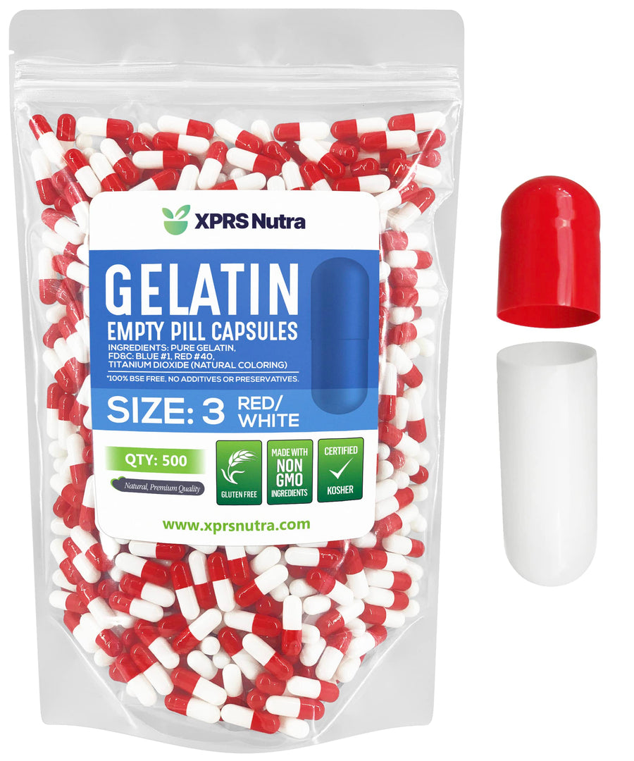 XPRS Nutra Empty Gelatin Capsules, Red and White, Size 3, 500 Count