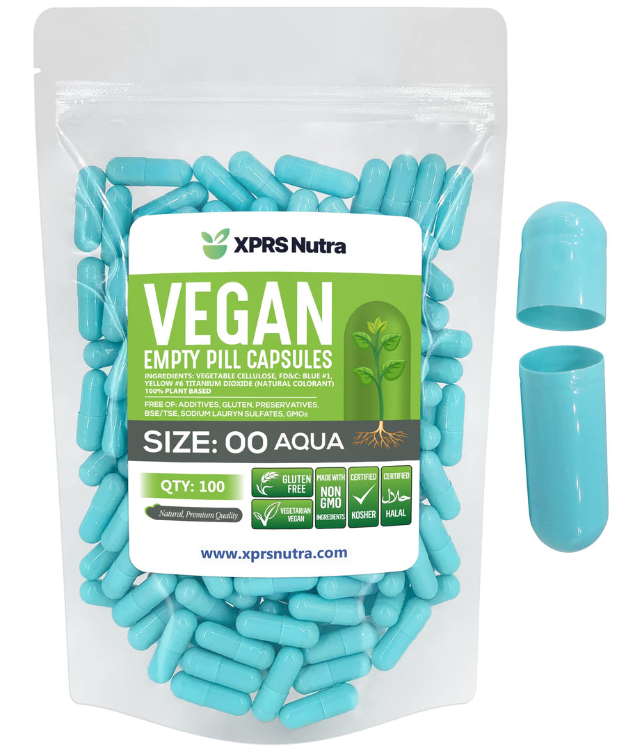 XPRS Nutra Empty Vegan Capsules, Aqua, Size 00, 100 Count