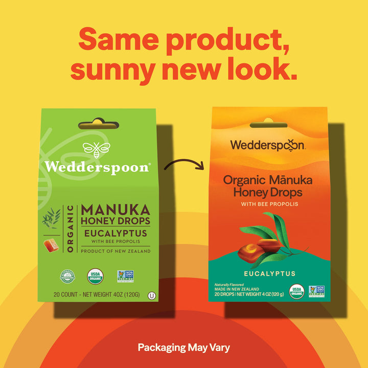 Wedderspoon Organic Manuka Honey Drops, Eucalyptus & Bee Propolis, 20 Count