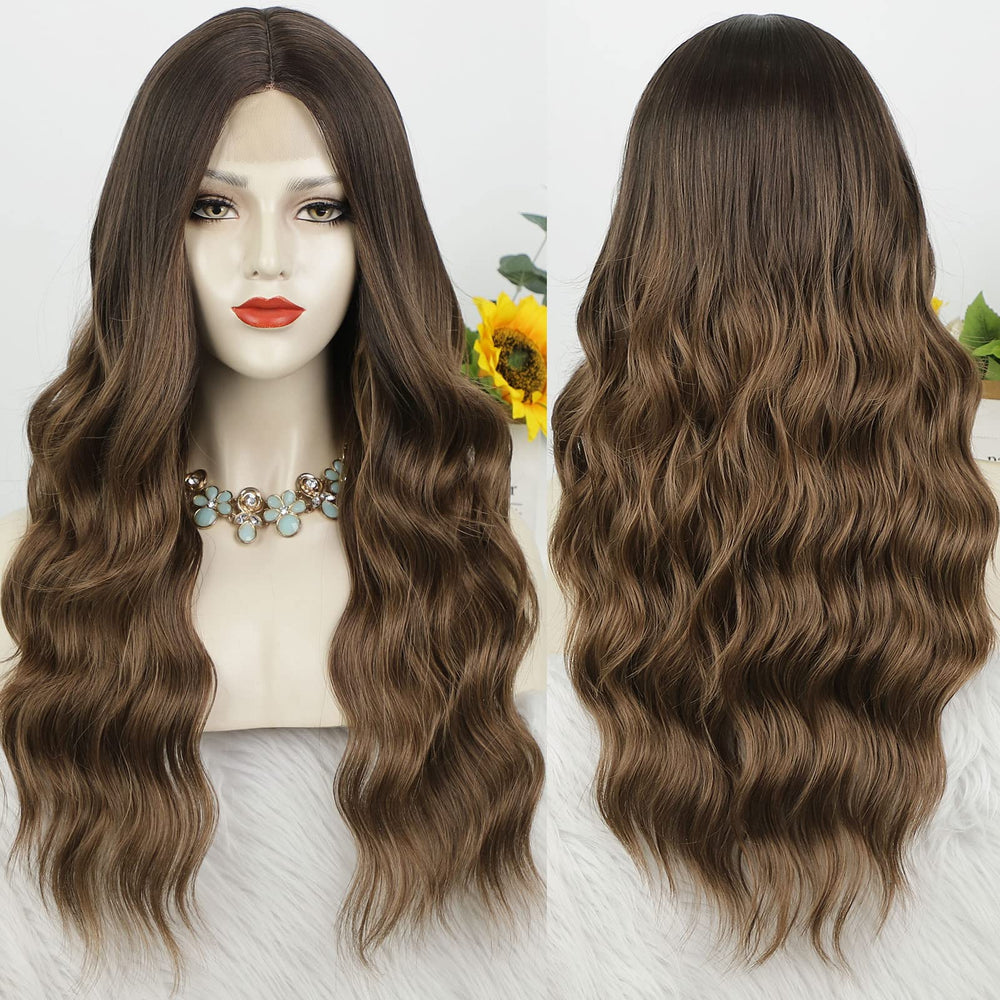 AISI QUEENS Long Ombre Brown Curly Wavy Wig, Middle Part, 24 In