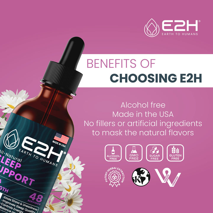 E2H Earth to Humans Natural Sleep Aid Liquid Melatonin, Chamomile, 2 Count