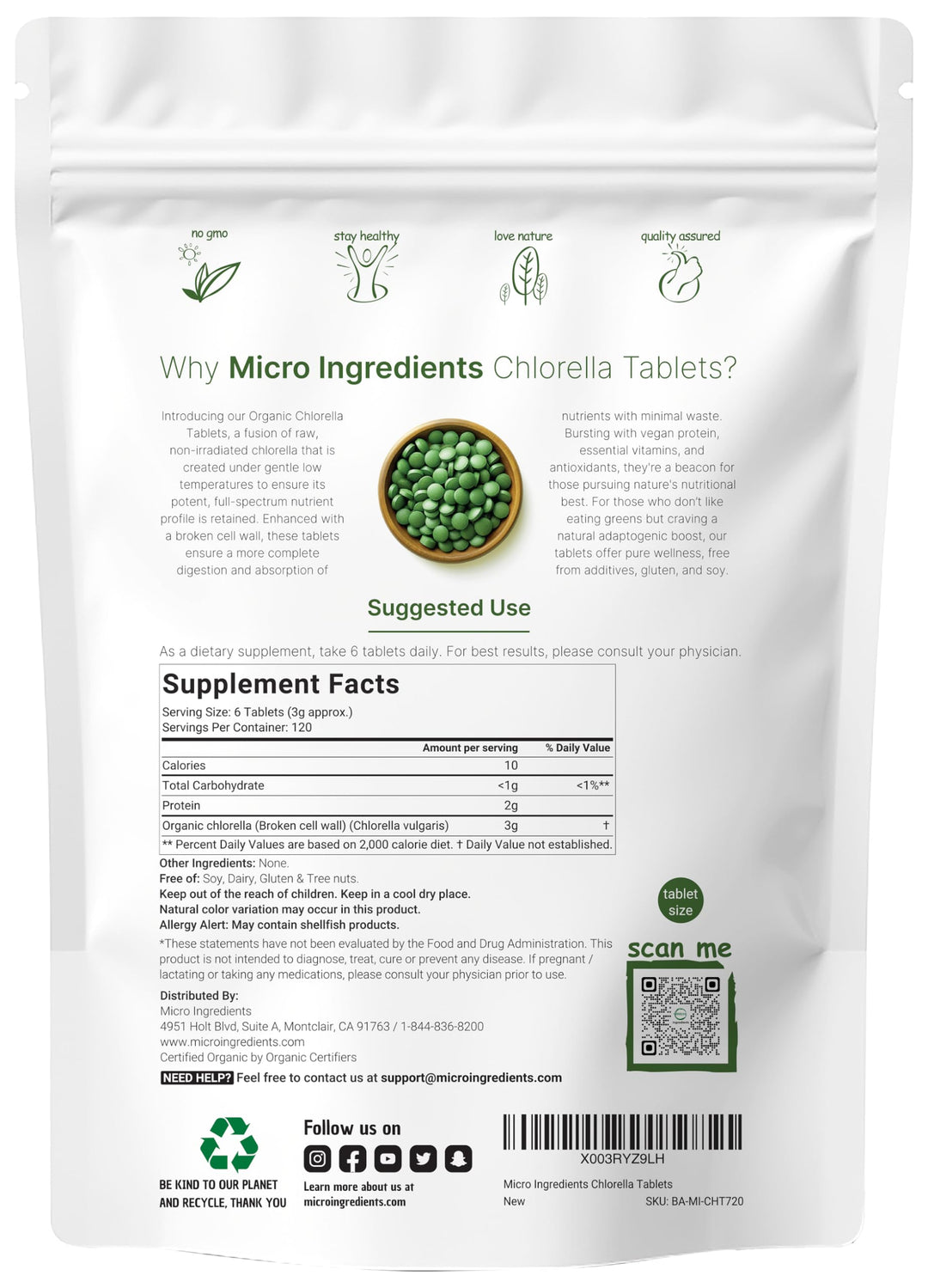Micro Ingredients Organic Chlorella Tablets, 500 mg, 720 Count