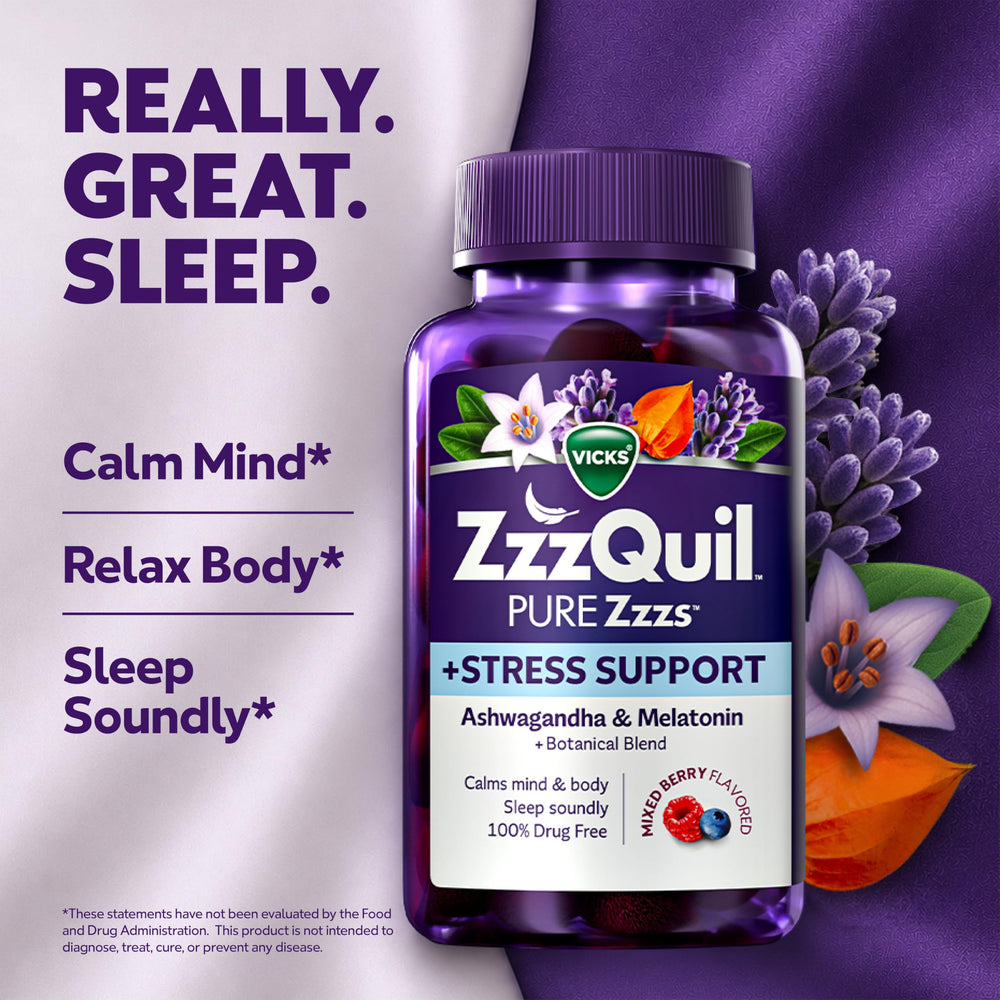 ZzzQuil Pure Zzzs De-Stress Melatonin Sleep Aid Gummies, Ashwagandha, 1 mg, 60 Count