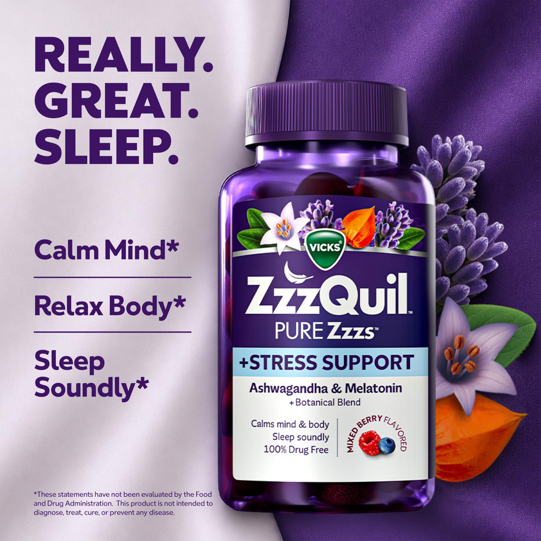 ZzzQuil Pure Zzzs De-Stress Melatonin Sleep Aid Gummies, Ashwagandha, 1 mg, 60 Count