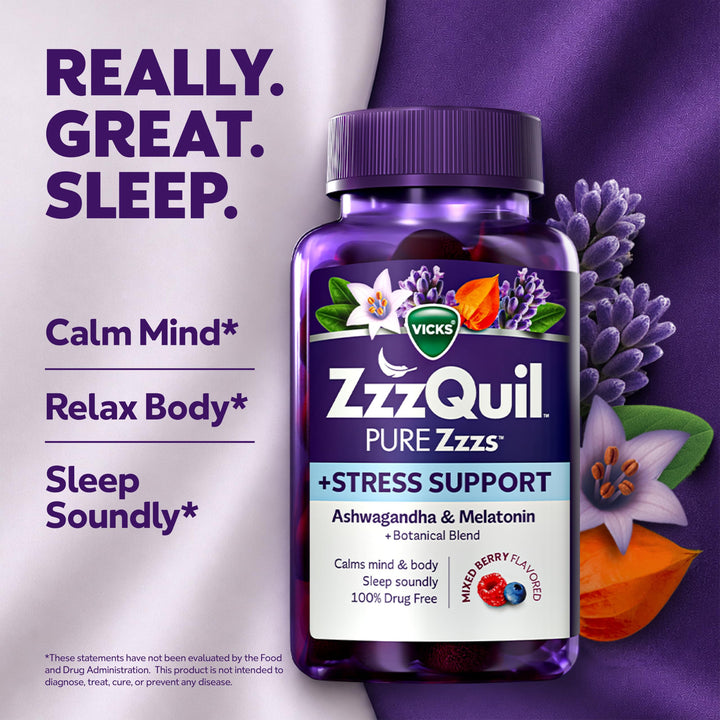ZzzQuil Pure Zzzs De-Stress Melatonin Sleep Aid Gummies, Ashwagandha, 1 mg, 60 Count