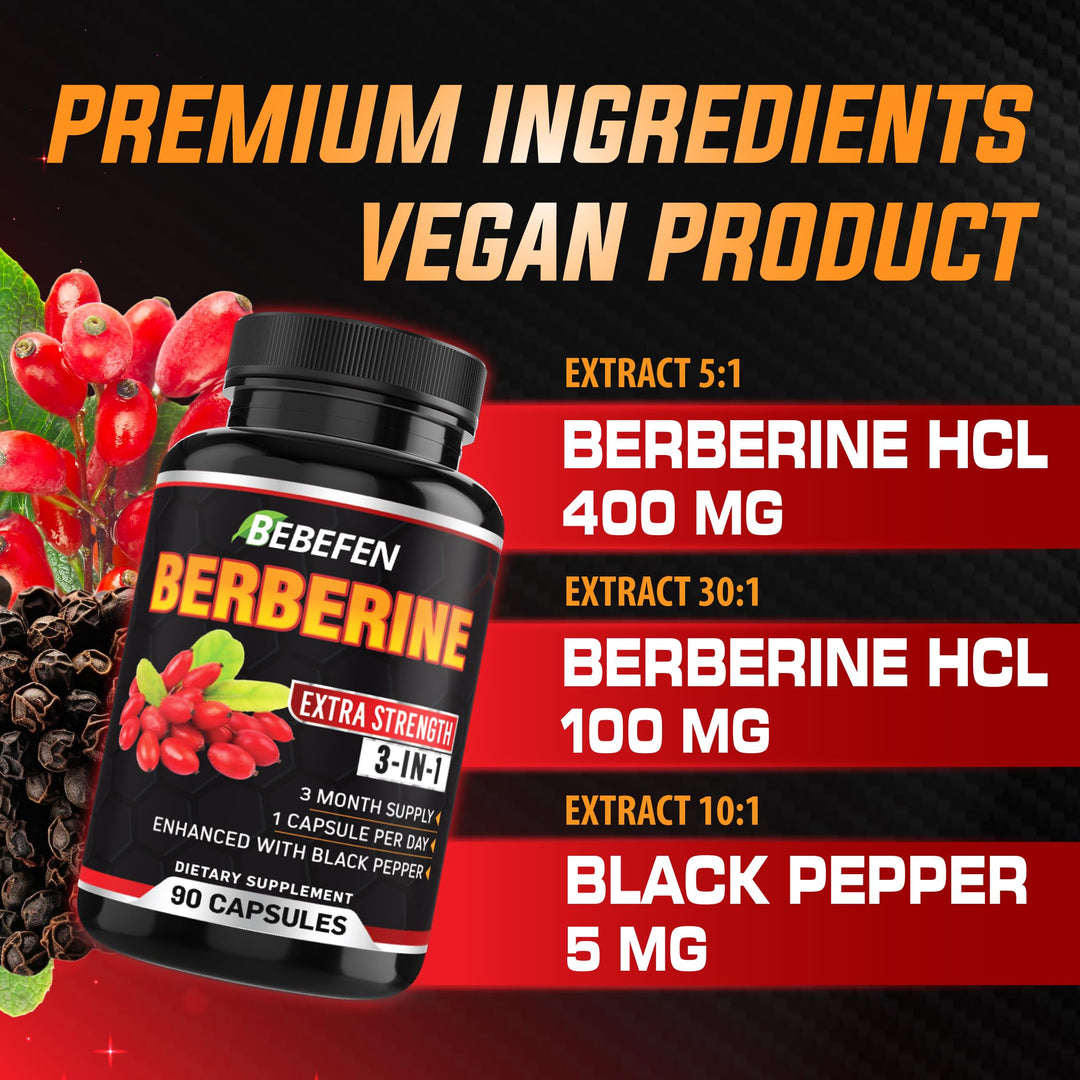 BEBEFEN Berberine Capsules With Black Pepper Extract, 90 Count