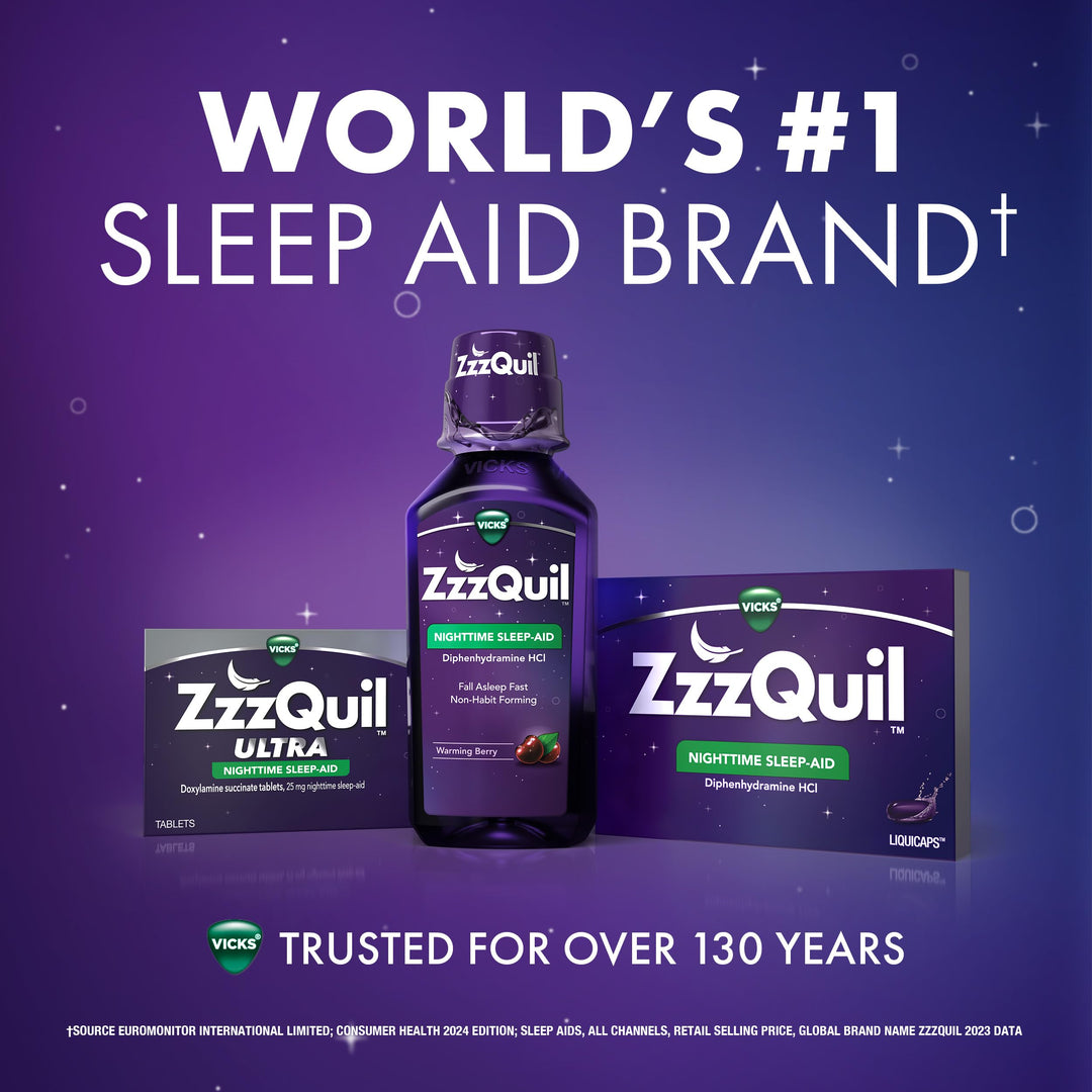 ZzzQuil Nighttime Sleep Aid Liquid, Calming Vanilla Cherry, 50 mg, 12 fl oz