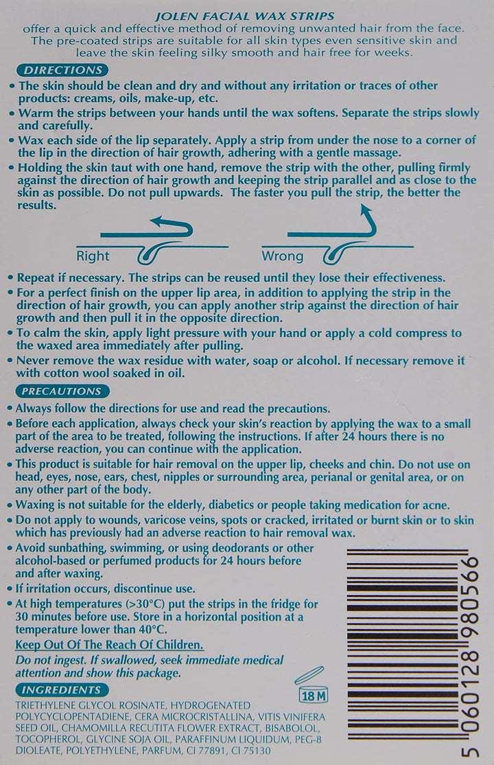 Jolen Sensitive Skin Facial Strip Wax, 16 Count