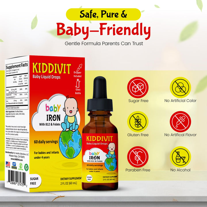 Kiddivit Baby Iron Liquid Drops with Vitamin B12 and Folate, 2 fl oz