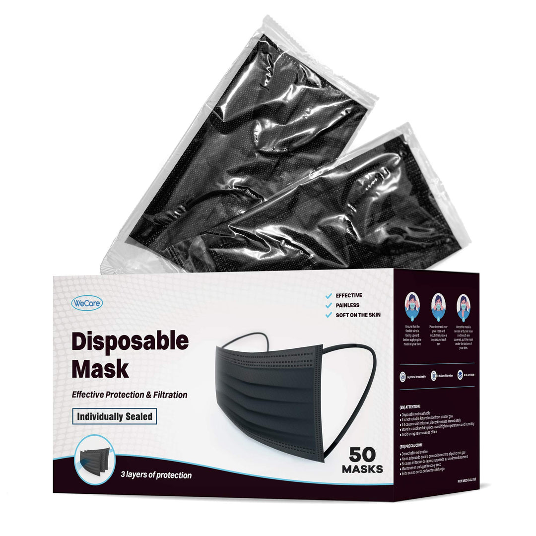 WECARE Disposable Face Masks, Black, 50 Count