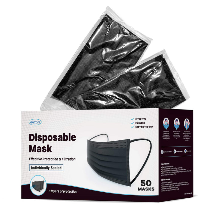 WECARE Disposable Face Masks, Black, 50 Count