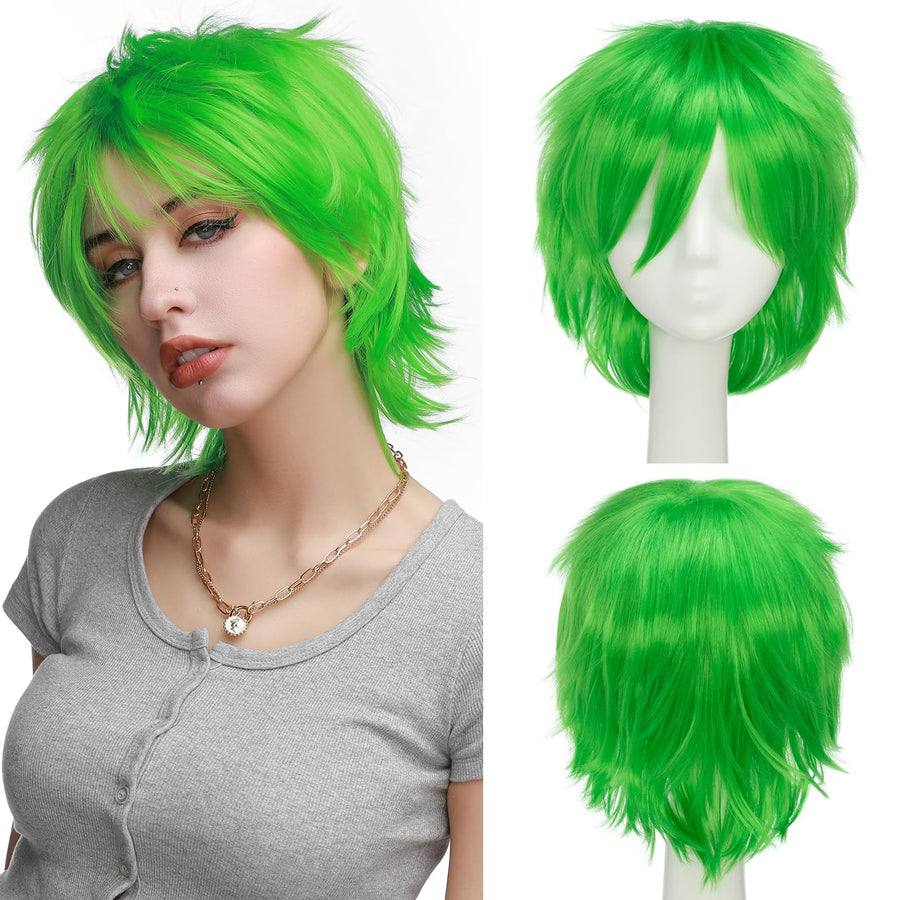 S-noilite Cosplay Wig, Short Straight Fluffy Spiky, Green