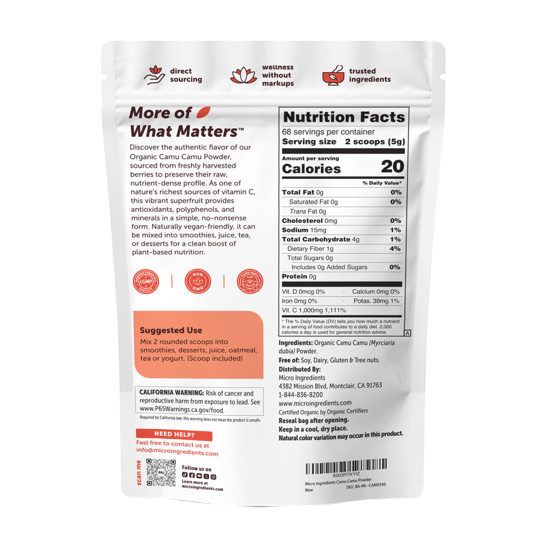 Micro Ingredients Peruvian Camu Camu Powder Organic, Natural Vitamin C, 8 oz