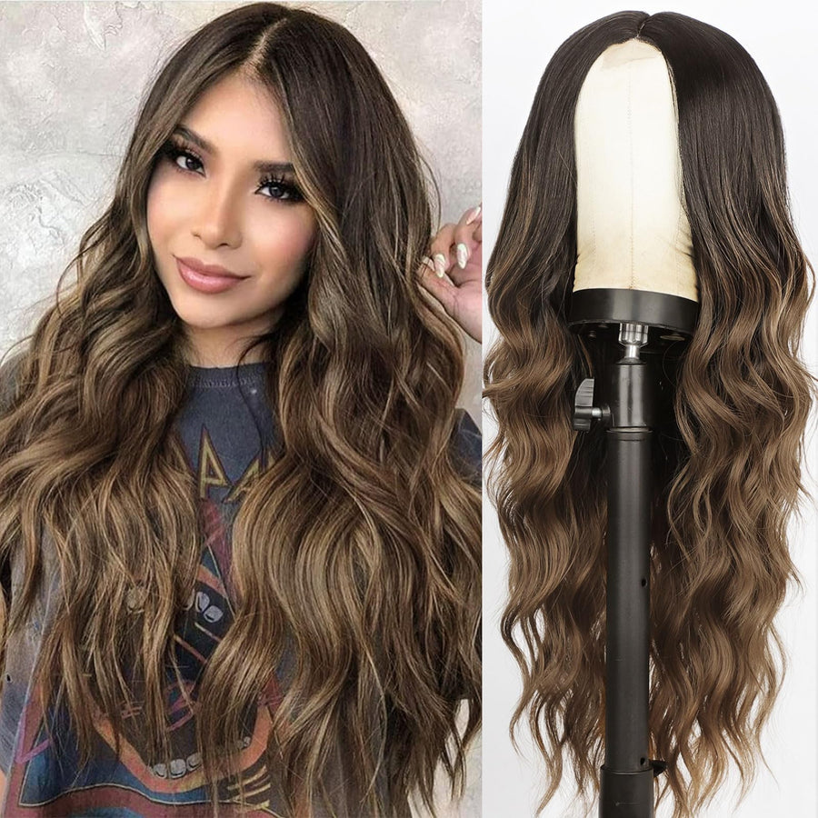 AISI QUEENS Long Ombre Brown Curly Wavy Wig, Middle Part, 24 In