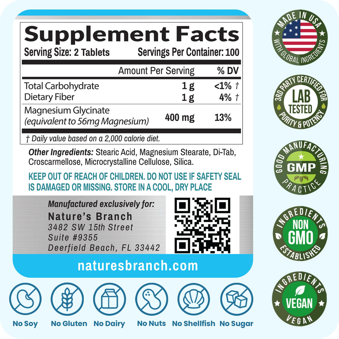 NATURE'S BRANCH Magnesium Glycinate 400 mg, 200 Count