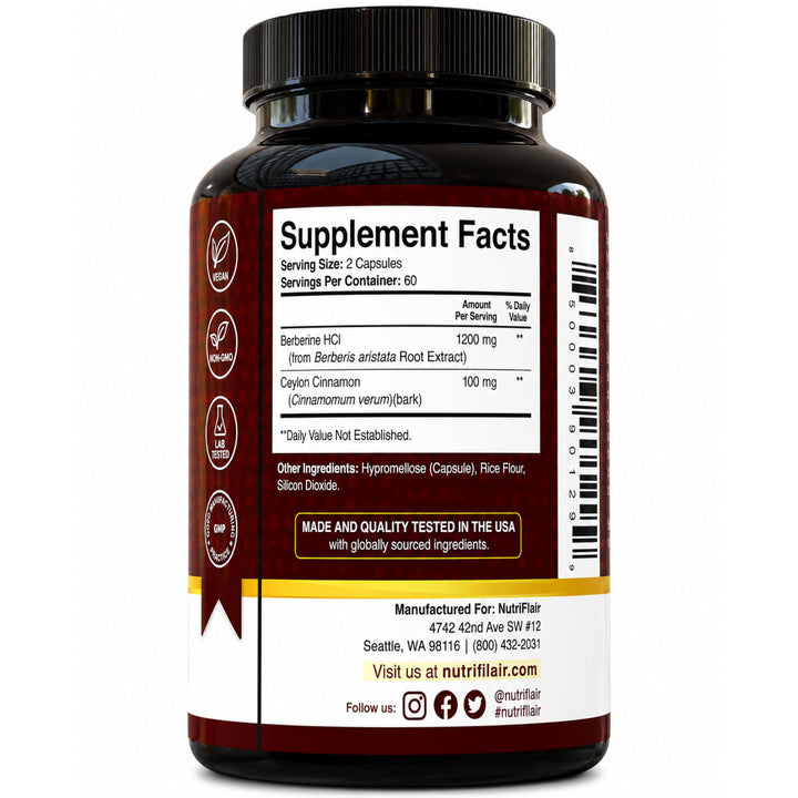 NutriFlair Berberine HCL 1200 mg With Ceylon Cinnamon, 120 Count
