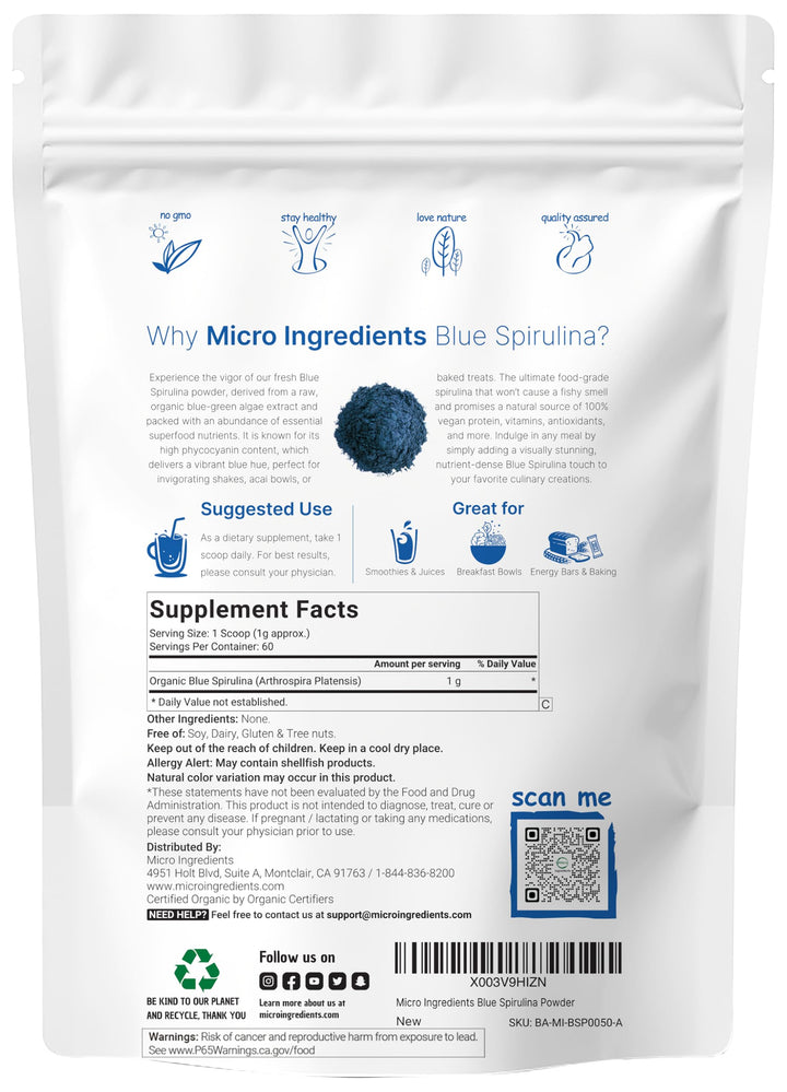Micro Ingredients Organic Blue Spirulina Powder, 60 Servings