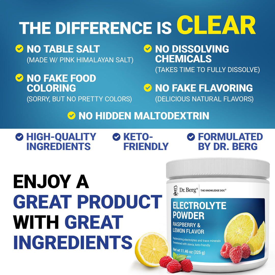 Dr. Berg Nutritionals Zero Sugar Hydration Keto Electrolyte Powder, Raspberry & Lemon, 50 Servings