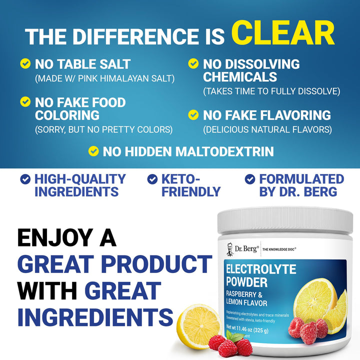 Dr. Berg Nutritionals Zero Sugar Hydration Keto Electrolyte Powder, Raspberry & Lemon, 50 Servings