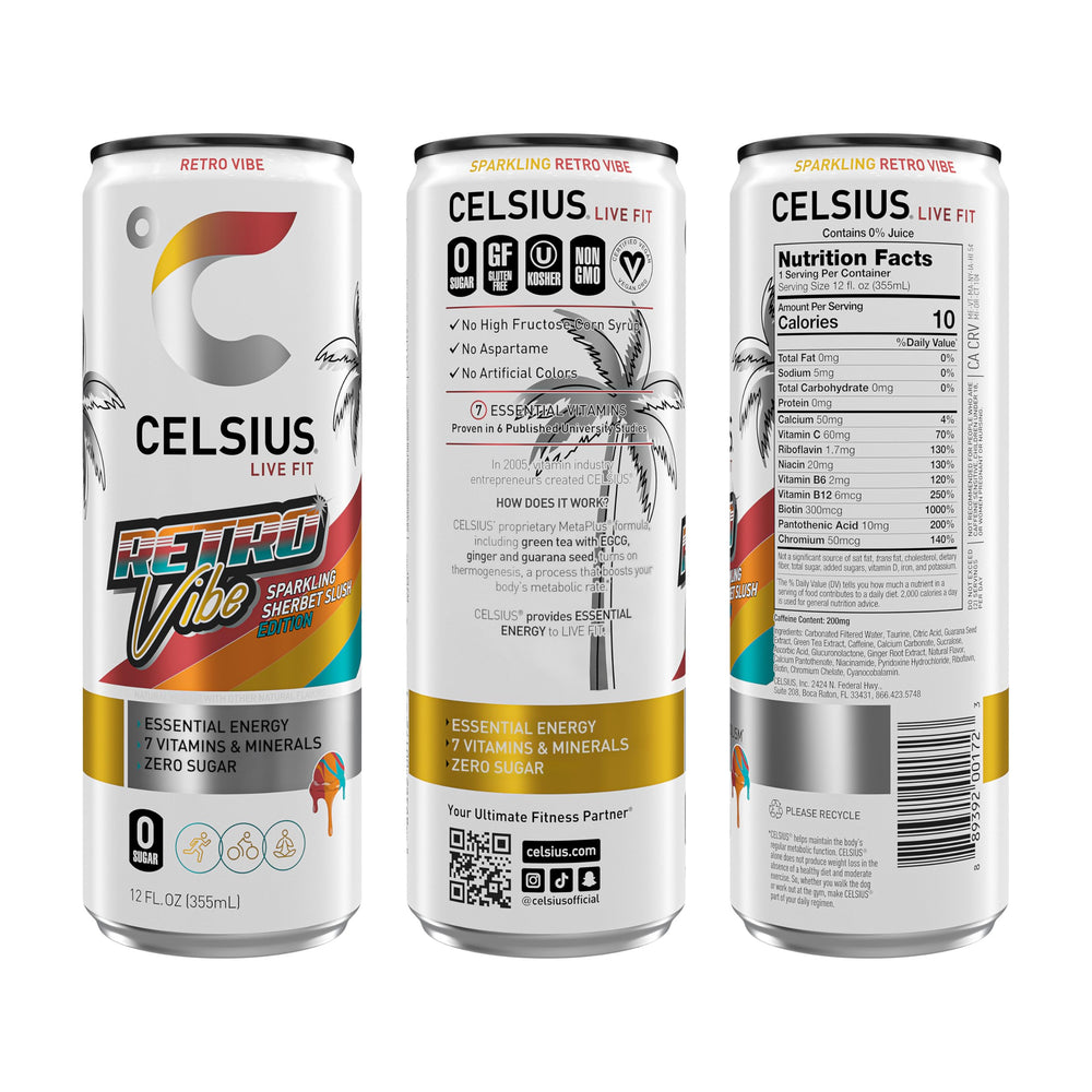 CELSIUS Retro Vibe Sparkling Sherbet Slush Sugar Free Energy Drink, 12 fl oz, Pack of 12