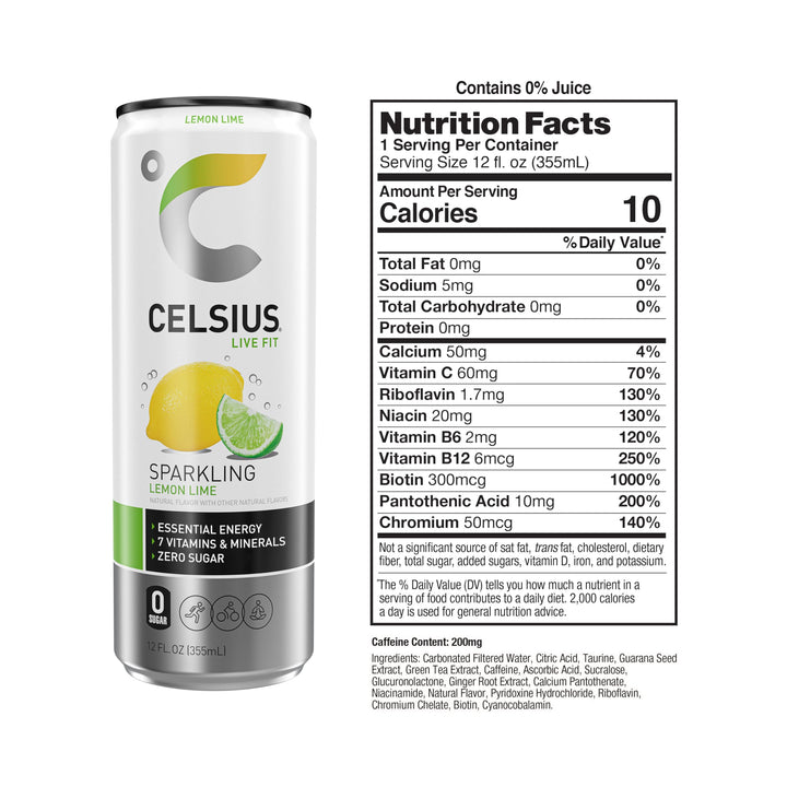 CELSIUS Sparkling Energy Drink, Lemon Lime, 12 fl oz, Pack of 12