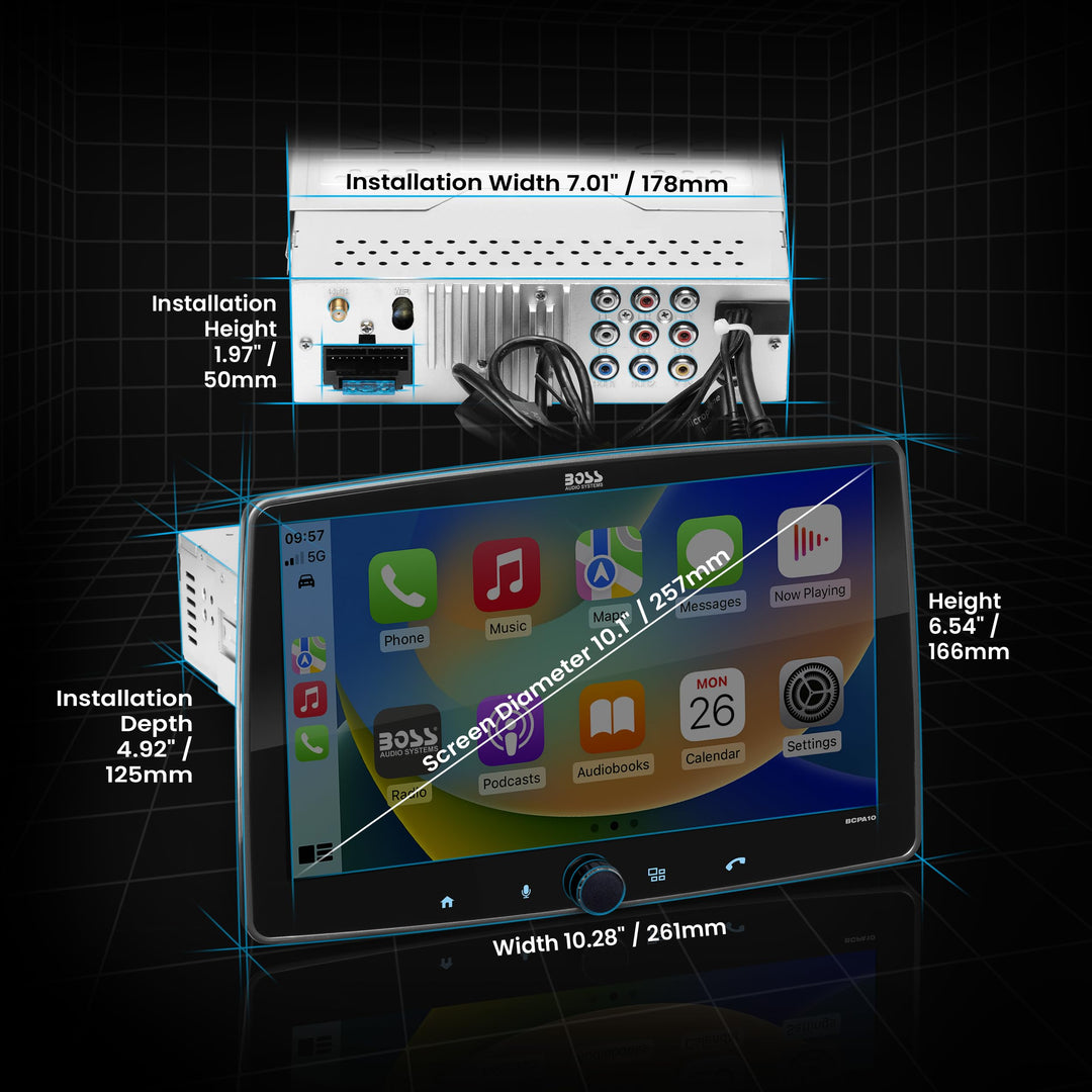 BOSS Audio Systems BCPA10 Single Din Chassis with Detachable 10.1 Inch Capacitive Touchscreen, Apple CarPlay, Android Auto, Bluetooth, No DVD, RGB Illumination, High Resolution FLAC Audio