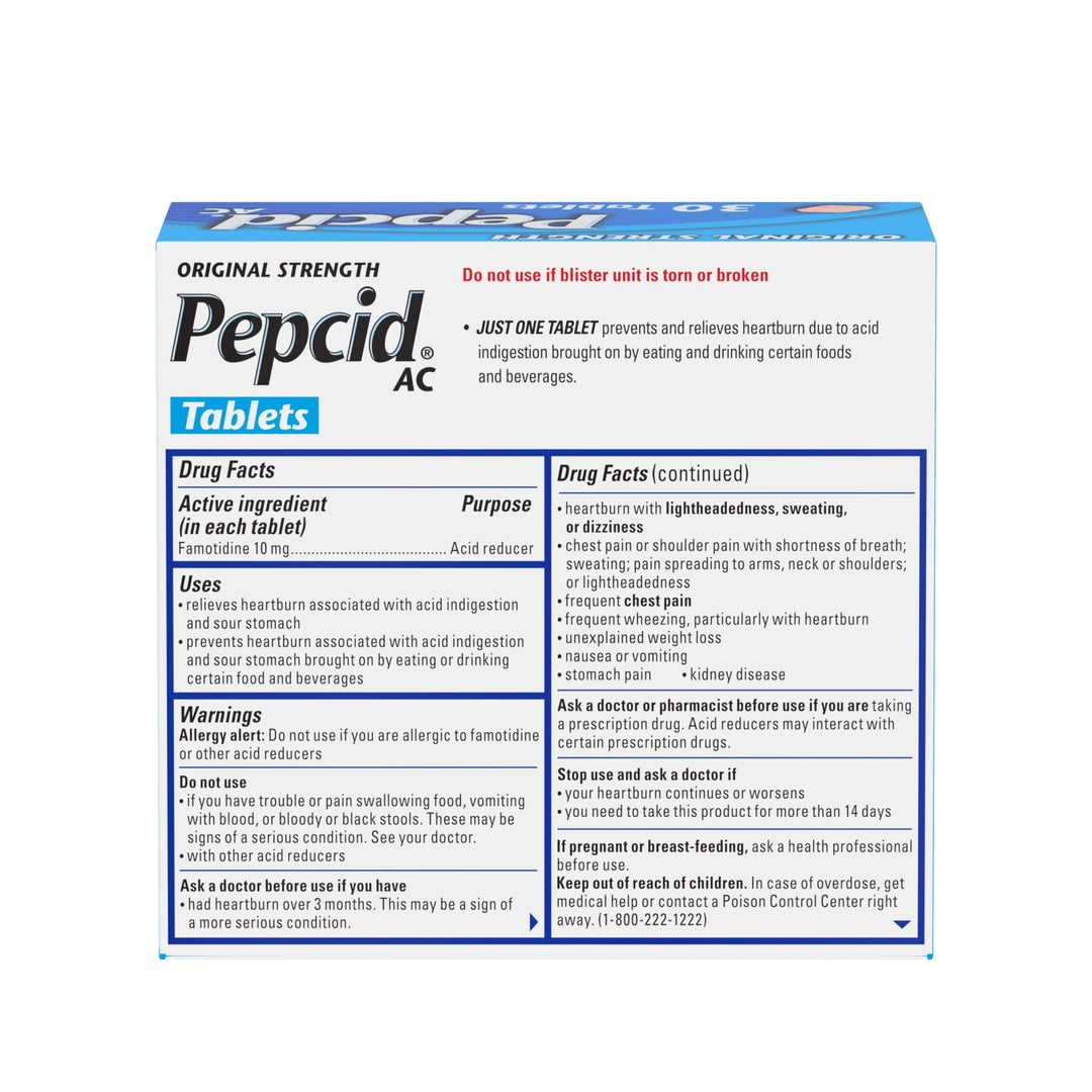 Pepcid AC Original Strength Tablets, 10mg Famotidine, 30 Count