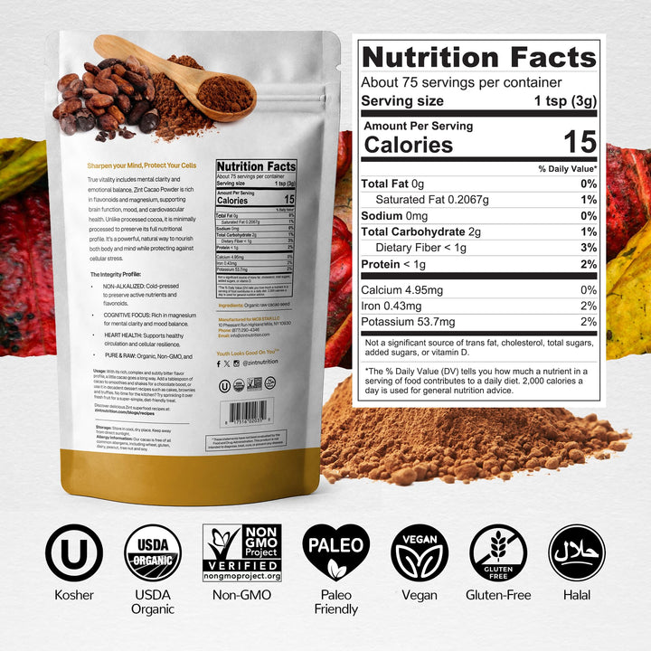 Zint Raw Organic Cacao Powder, Unsweetened, 8 oz