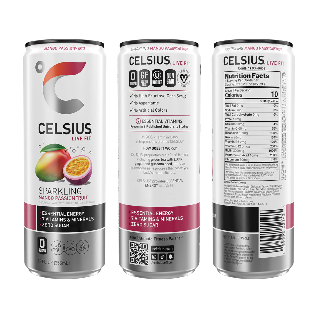 CELSIUS Sparkling Mango Passionfruit, 12 fl oz, Pack of 12